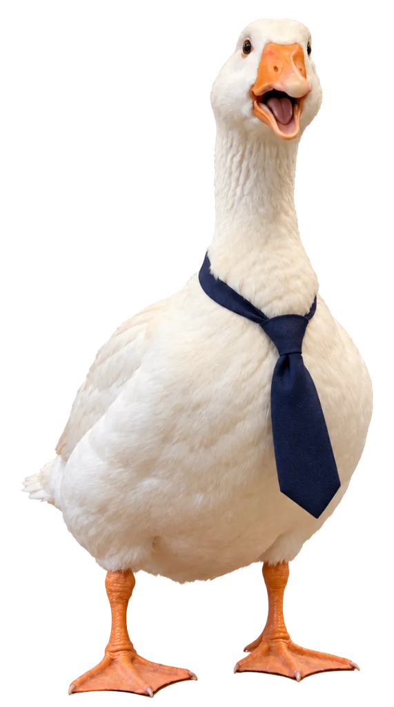 Office Goose, a white goose in a navy tie, beak open mid-honk